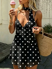 Coastalzia Polka Dot Deep V-Neck Backless Chiffon Spaghetti Strap Mini Dress - Black - View 6