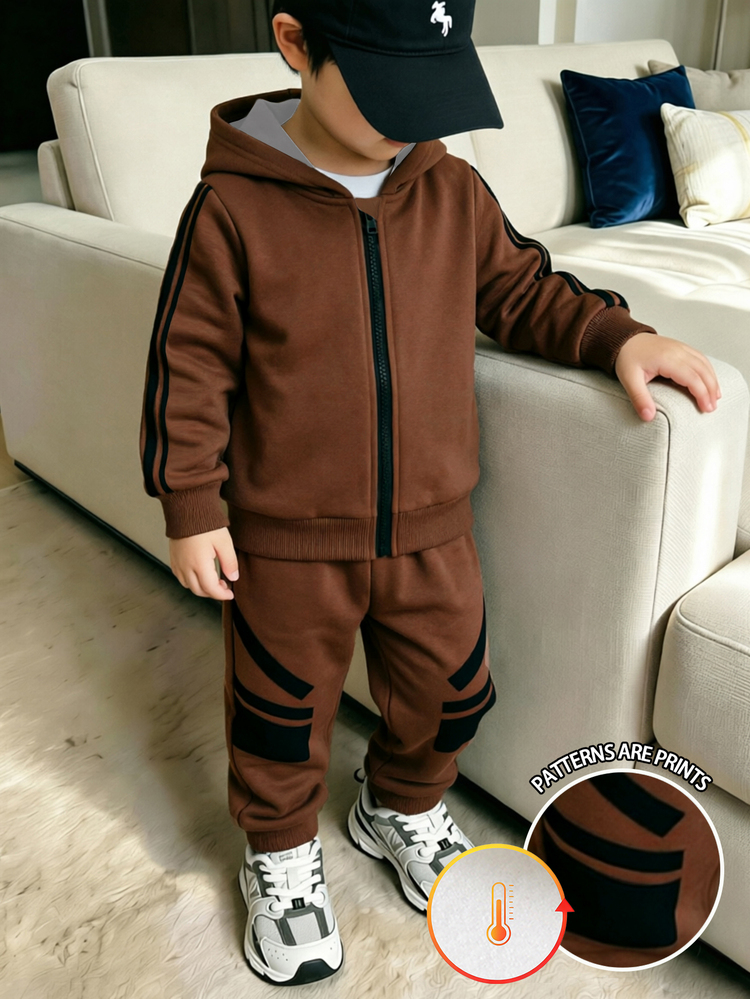 2pcs Young Boys Outerwear Set Casual Brown Black Geometric Stripe Zip-Up Hooded Loose Fit Fleece Lined Back To School Autumn New - Multicolor - View 3