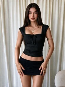 INAWLY Women's Solid Color Square Neck Fitted Textured Fabric Casual Summer Fashion Cropped Tank Top/Short Top - Black - View 5