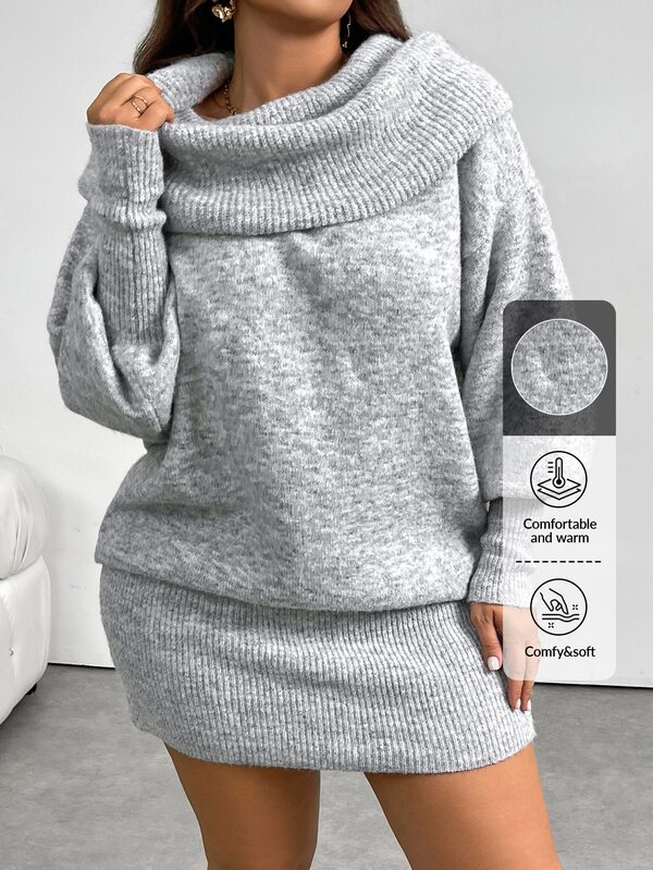 Firerie Plus Size Women's Grey Y2K American Retro Off-Shoulder Long Sleeve Cropped Knit Dress, Loose Top Tight Bottom, Warm And Comfortable, Casual Commute Daily Streetwear, Multiple Ways To Wear, Autumn/Winter