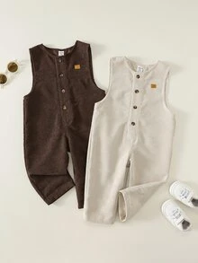 SHEIN 中性嬰兒男/女童 幼兒 2件組 秋冬休閒百搭燈芯絨吊帶褲 嬰兒連身褲/羅馬褲 冬季衣著復古風 - 棕色 - 查看 5