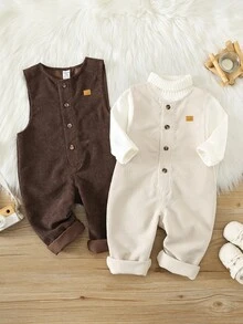 SHEIN 中性嬰兒男/女童 幼兒 2件組 秋冬休閒百搭燈芯絨吊帶褲 嬰兒連身褲/羅馬褲 冬季衣著復古風 - 棕色 - 查看 8