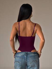 SHEIN PETITE 女款純色性感時尚細肩帶連身內衣 - 中紫紅色 - 查看 6