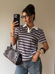 Siren Gaze 女款 90 年代復古休閒基礎性感 2000 年代棕色條紋 Polo 衫，夏季短袖 T 恤對比領，學院風校園高爾夫城市度假 - 彩色 - 查看 4