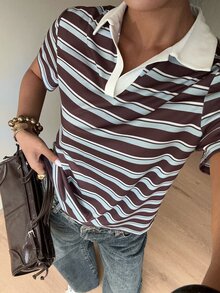 Siren Gaze 女款 90 年代復古休閒基礎性感 2000 年代棕色條紋 Polo 衫，夏季短袖 T 恤對比領，學院風校園高爾夫城市度假 - 彩色 - 查看 7