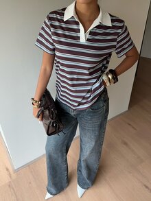 Siren Gaze 女款 90 年代復古休閒基礎性感 2000 年代棕色條紋 Polo 衫，夏季短袖 T 恤對比領，學院風校園高爾夫城市度假 - 彩色 - 查看 5