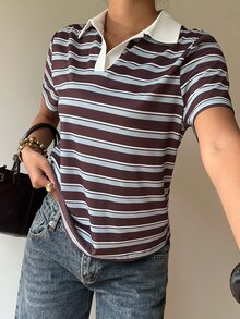 Siren Gaze 女款 90 年代復古休閒基礎性感 2000 年代棕色條紋 Polo 衫，夏季短袖 T 恤對比領，學院風校園高爾夫城市度假 - 彩色 - 查看 6