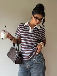 Siren Gaze 女款 90 年代復古休閒基礎性感 2000 年代棕色條紋 Polo 衫，夏季短袖 T 恤對比領，學院風校園高爾夫城市度假 - 彩色 - 查看 8
