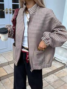 SHEIN Sparklyn 青少年女孩秋冬寬鬆休閒可愛極簡舒適優雅短版時尚冬季提花千鳥格保暖內裡羊毛拼接夾克棕色 - 彩色 - 查看 2