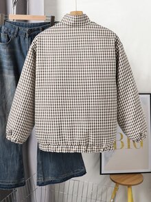 SHEIN Sparklyn 青少年女孩秋冬寬鬆休閒可愛極簡舒適優雅短版時尚冬季提花千鳥格保暖內裡羊毛拼接夾克棕色 - 彩色 - 查看 7