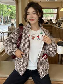 SHEIN Sparklyn 青少年女孩秋冬寬鬆休閒可愛極簡舒適優雅短版時尚冬季提花千鳥格保暖內裡羊毛拼接夾克棕色 - 彩色 - 查看 9