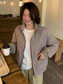 SHEIN Sparklyn 青少年女孩秋冬寬鬆休閒可愛極簡舒適優雅短版時尚冬季提花千鳥格保暖內裡羊毛拼接夾克棕色 - 彩色 - 查看 8