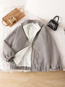 SHEIN Sparklyn 青少年女孩秋冬寬鬆休閒可愛極簡舒適優雅短版時尚冬季提花千鳥格保暖內裡羊毛拼接夾克棕色 - 彩色 - 查看 5
