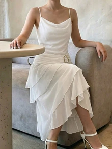 INAWLY 2026 女士纯色荷叶边垂褶领口层叠荷叶边下摆优雅吊带连衣裙 - 米色 - 查看 6