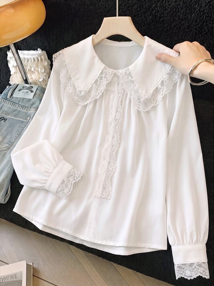 SHEIN Tween Girl School Style Back To School Lace Trim Patchwork Large Collar Long Sleeve White Shirt Autumn Casual Cute - White - View 9