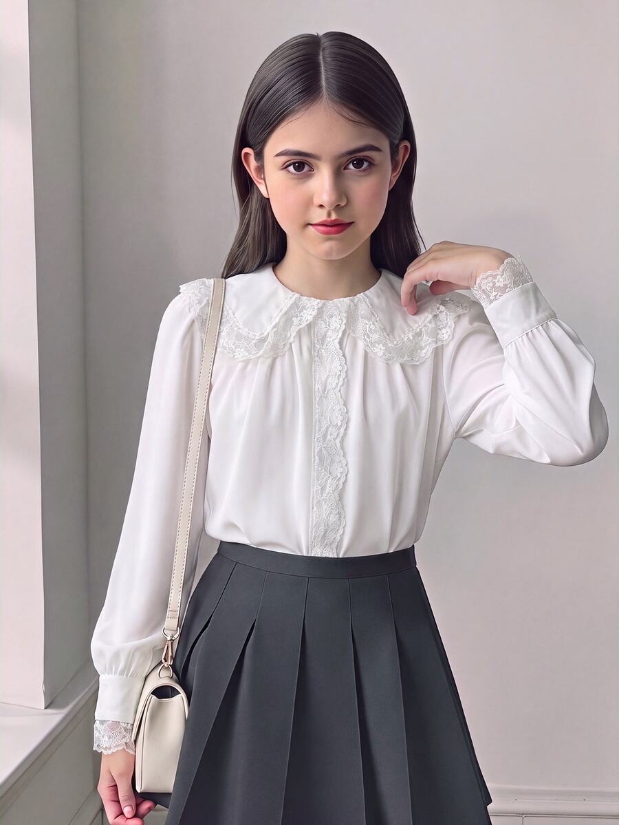 SHEIN 少女校園風返校季蕾絲飾邊拼接大領長袖白色襯衫，秋季休閒可愛 - 白色 - 查看 1