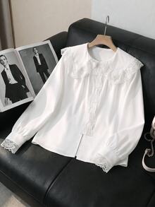 SHEIN 少女校園風返校季蕾絲飾邊拼接大領長袖白色襯衫，秋季休閒可愛 - 白色 - 查看 10