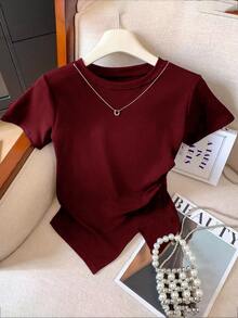 GlowEve Women's Casual Everyday Travel Commute Solid Color Short Sleeve Asymmetrical Hem Ruched Fitted T-Shirt, Summer Burgundy Red - Red - View 6