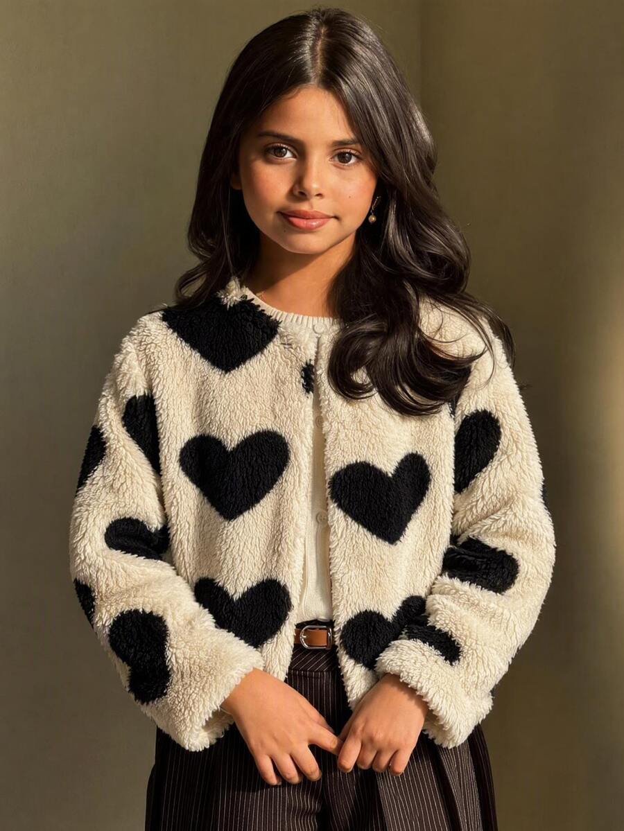 SHEIN Tween Girl SHIEN Tween Girl Faux Black Beige Heart Printed Fur Jacket, Suitable For Party Autumn Winter - Apricot - View 1