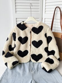 SHEIN Tween Girl SHIEN Tween Girl Faux Black Beige Heart Printed Fur Jacket, Suitable For Party Autumn Winter - Apricot - View 2