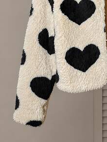 SHEIN Tween Girl SHIEN Tween Girl Faux Black Beige Heart Printed Fur Jacket, Suitable For Party Autumn Winter - Apricot - View 7