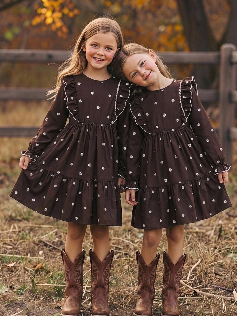 SHEIN Tween Girl Floral Print Kids Round Neck Pleated Casual Party Dress