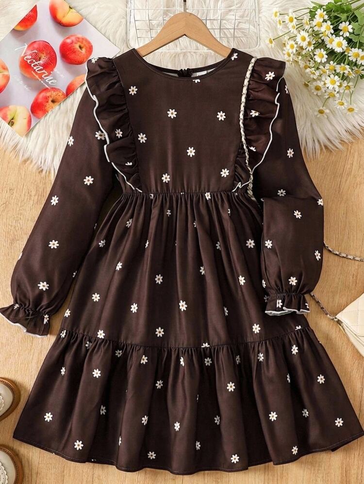SHEIN Tween Girl Floral Print Kids Round Neck Pleated Casual Party Dress - Brown - View 3
