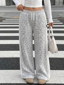 SHEIN Teen Girl Teen Girls Knit Loose Casual Drawstring Pocket Wide Leg Sweatpants, Leopard Print Sweatshirt Pants, Suitable For School Back To School Outfit - Apricot - View 1