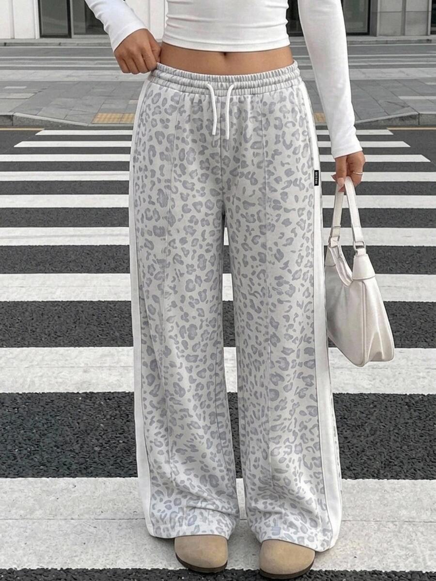 SHEIN Teen Girl Teen Girls Knit Loose Casual Drawstring Pocket Wide Leg Sweatpants, Leopard Print Sweatshirt Pants, Suitable For School Back To School Outfit - Apricot - View 1