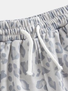 SHEIN Teen Girl Teen Girls Knit Loose Casual Drawstring Pocket Wide Leg Sweatpants, Leopard Print Sweatshirt Pants, Suitable For School Back To School Outfit - Apricot - View 5