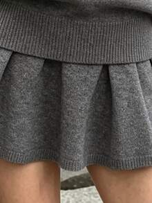 SHEIN PariChic Women's Solid Color High Neck Drop Shoulder Long Sleeve Sweater And Knitted Skirt 2-Piece Set - Dark Grey - View 5