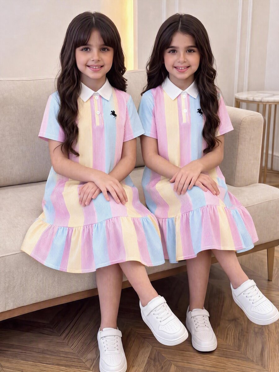 SHEIN Tween Girl Striped Knight Print Button Half-Placket Short Sleeve Dress - Multicolor - View 1