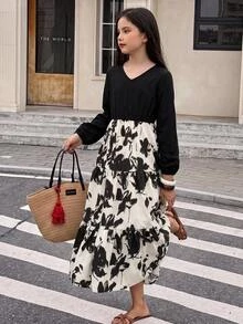 SHEIN 女童花卉印花拼色休閒日常夏季洋裝 - 黑色 - 查看 4