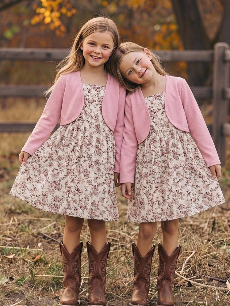 SHEIN Kids Tween Girl Floral Print Cami Dress, Pink Jacket Set - Multicolor - View 3