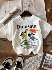 Bubblio Young Boy Casual & Simple Short-Sleeved Round Neck T-Shirt With Dinosaur Pattern Suitable For Summer - White - View 1