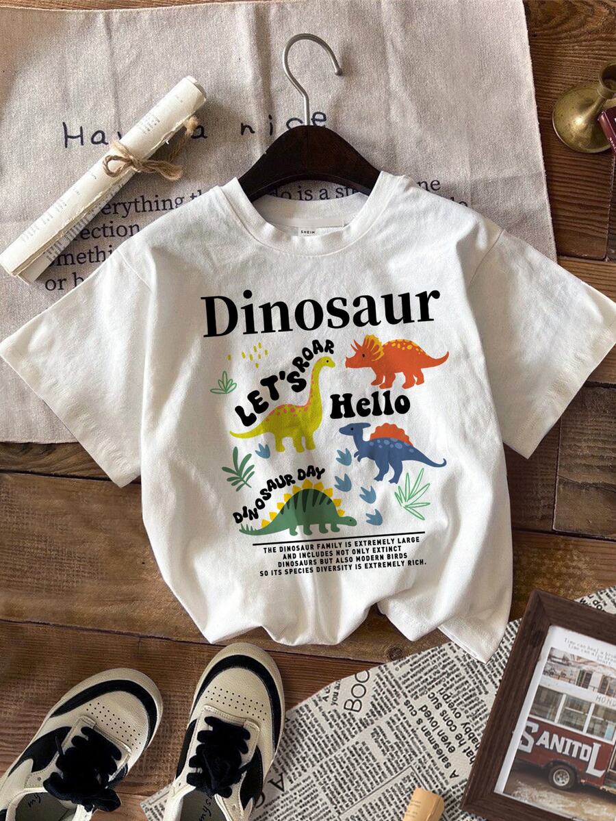 Bubblio Young Boy Casual & Simple Short-Sleeved Round Neck T-Shirt With Dinosaur Pattern Suitable For Summer - White - View 1