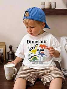 Bubblio Young Boy Casual & Simple Short-Sleeved Round Neck T-Shirt With Dinosaur Pattern Suitable For Summer - White - View 5
