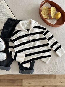 SHEIN Bubblio 兒童小男孩高領拉鍊條紋開襟毛衣，米色與黑色、白色，秋冬冬季，80年代風，校園、返校季、外出、聖誕節 - 彩色 - 查看 7