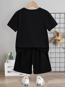 Bubblio 兒童小男孩休閒簡約短袖T恤與短褲2件套，適合夏季、萬聖節、秋季、上學、聖誕節 - 黑色 - 查看 2