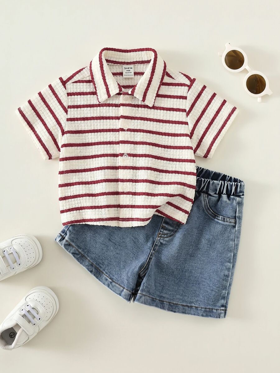 Bubblio Baby Boy Casual Versatile Textured Striped Lapel Short Sleeve Cardigan - Multicolor - View 1
