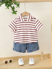 Bubblio Baby Boy Casual Versatile Textured Striped Lapel Short Sleeve Cardigan - Multicolor - View 5