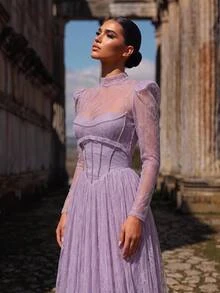 Aureia Elegant Lavender Glitter Tulle Sheer High Neck Long Sleeve Strapless Corset Rhinestone A Line Floor Length Prom Wedding Guest Formal Evening Gown - Dusty Purple - View 3