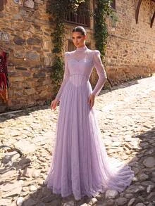 Aureia Elegant Lavender Glitter Tulle Sheer High Neck Long Sleeve Strapless Corset Rhinestone A Line Floor Length Prom Wedding Guest Formal Evening Gown - Dusty Purple - View 6