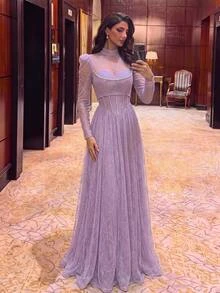 Aureia Elegant Lavender Glitter Tulle Sheer High Neck Long Sleeve Strapless Corset Rhinestone A Line Floor Length Prom Wedding Guest Formal Evening Gown - Dusty Purple - View 5
