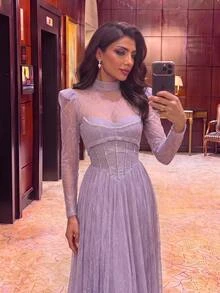 Aureia Elegant Lavender Glitter Tulle Sheer High Neck Long Sleeve Strapless Corset Rhinestone A Line Floor Length Prom Wedding Guest Formal Evening Gown - Dusty Purple - View 4