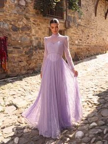 Aureia Elegant Lavender Glitter Tulle Sheer High Neck Long Sleeve Strapless Corset Rhinestone A Line Floor Length Prom Wedding Guest Formal Evening Gown - Dusty Purple - View 8