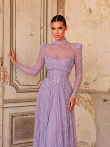 Aureia Elegant Lavender Glitter Tulle Sheer High Neck Long Sleeve Strapless Corset Rhinestone A Line Floor Length Prom Wedding Guest Formal Evening Gown - Dusty Purple - View 11