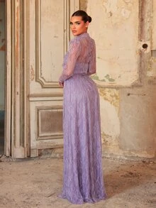 Aureia Elegant Lavender Glitter Tulle Sheer High Neck Long Sleeve Strapless Corset Rhinestone A Line Floor Length Prom Wedding Guest Formal Evening Gown - Dusty Purple - View 7