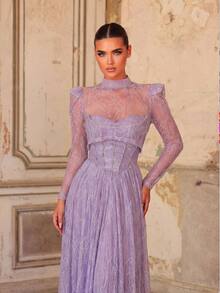 Aureia Elegant Lavender Glitter Tulle Sheer High Neck Long Sleeve Strapless Corset Rhinestone A Line Floor Length Prom Wedding Guest Formal Evening Gown - Dusty Purple - View 9