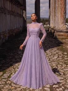 Aureia Elegant Lavender Glitter Tulle Sheer High Neck Long Sleeve Strapless Corset Rhinestone A Line Floor Length Prom Wedding Guest Formal Evening Gown - Dusty Purple - View 2
